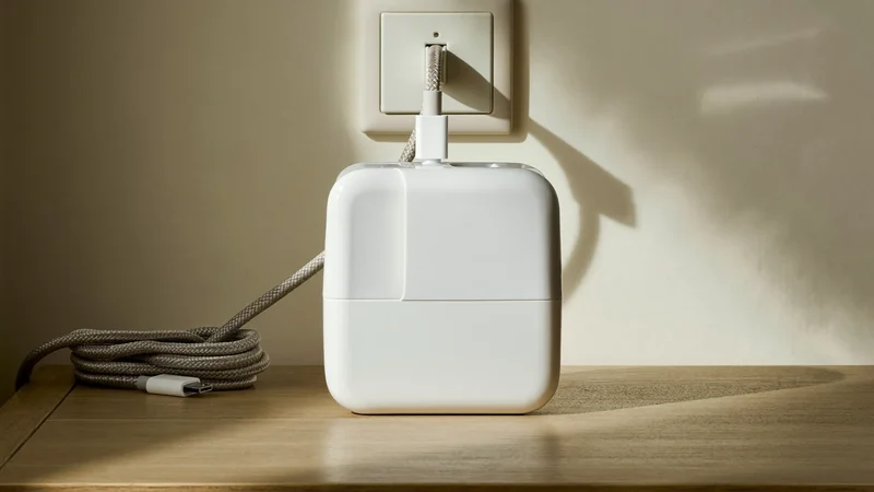 Illustreret kompakt oplader med flettet USB-C-kabel på et natbord