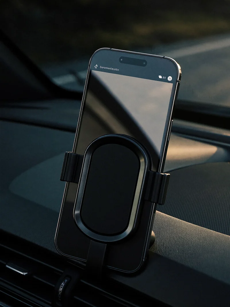 Illustreret smartphone i sort holder på instrumentbrættet i en bil